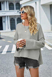 High-Low Slit Round Neck Long Sleeve Sweater - Trendsi - Flyclothing LLC