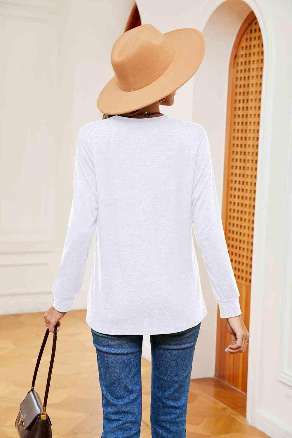 Buttoned Notched Neck Long Sleeve Top - Trendsi - Flyclothing LLC