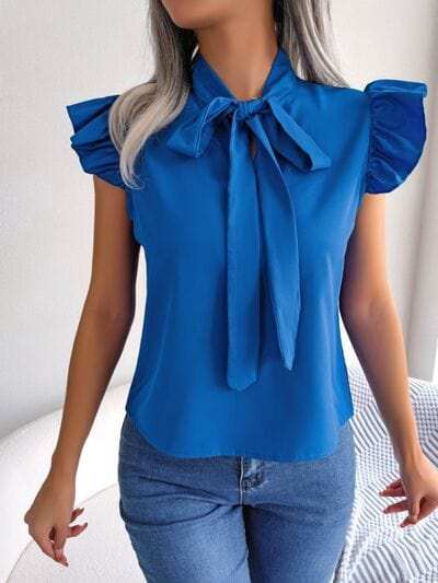 Tie Neck Cap Sleeve Blouse - Trendsi - Flyclothing LLC