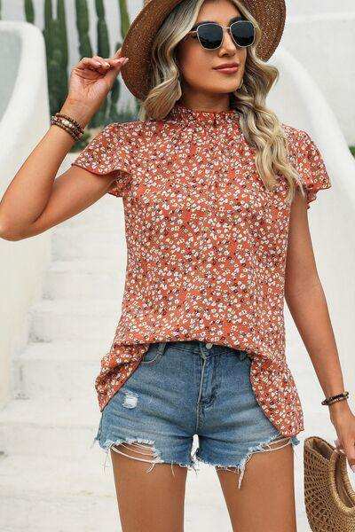 Ditsy Floral Mock Neck Short Sleeve T-Shirt - Trendsi - Flyclothing LLC