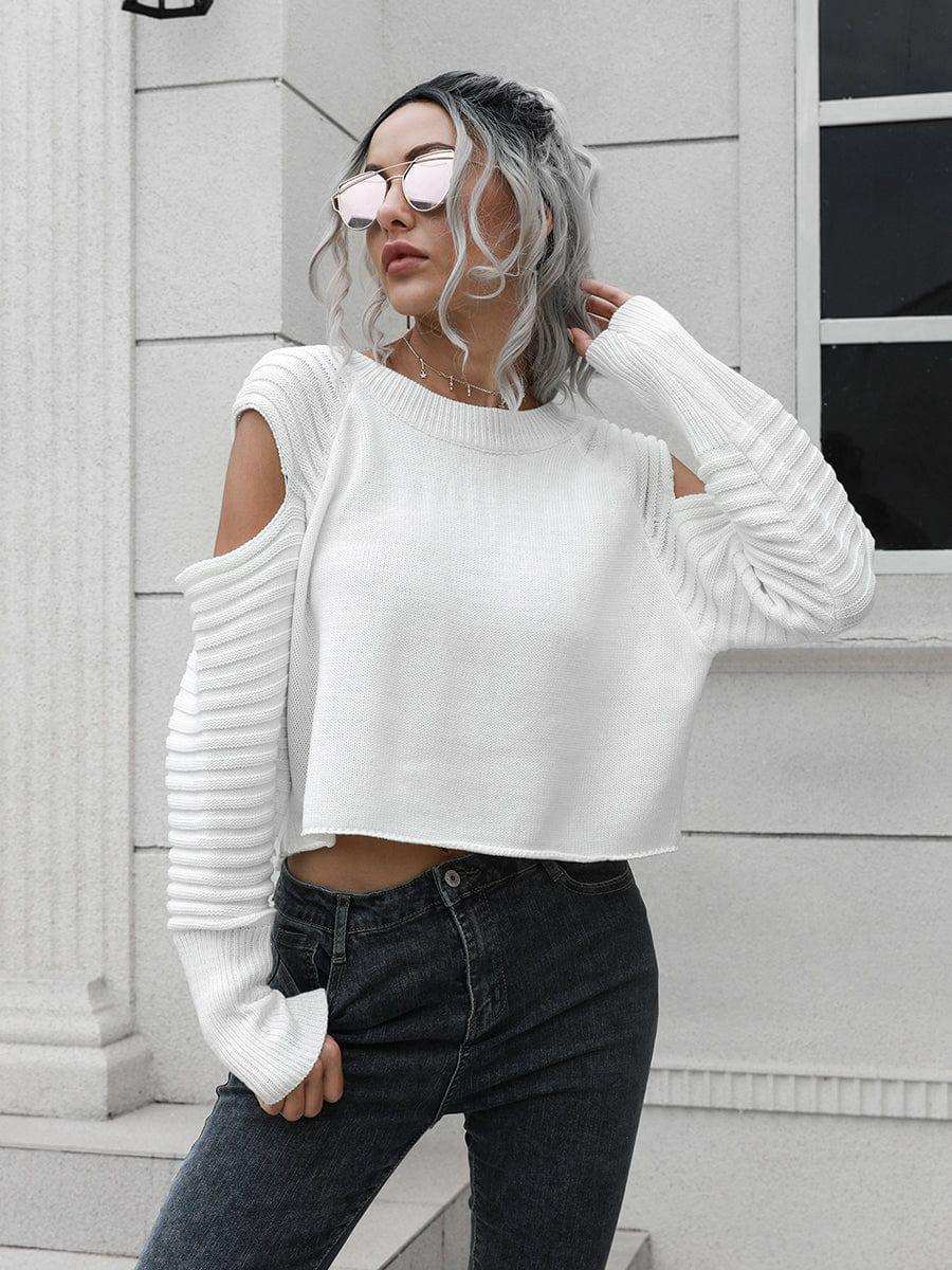 Cold-Shoulder Ribbed Trim Sweater - Trendsi - Flyclothing LLC