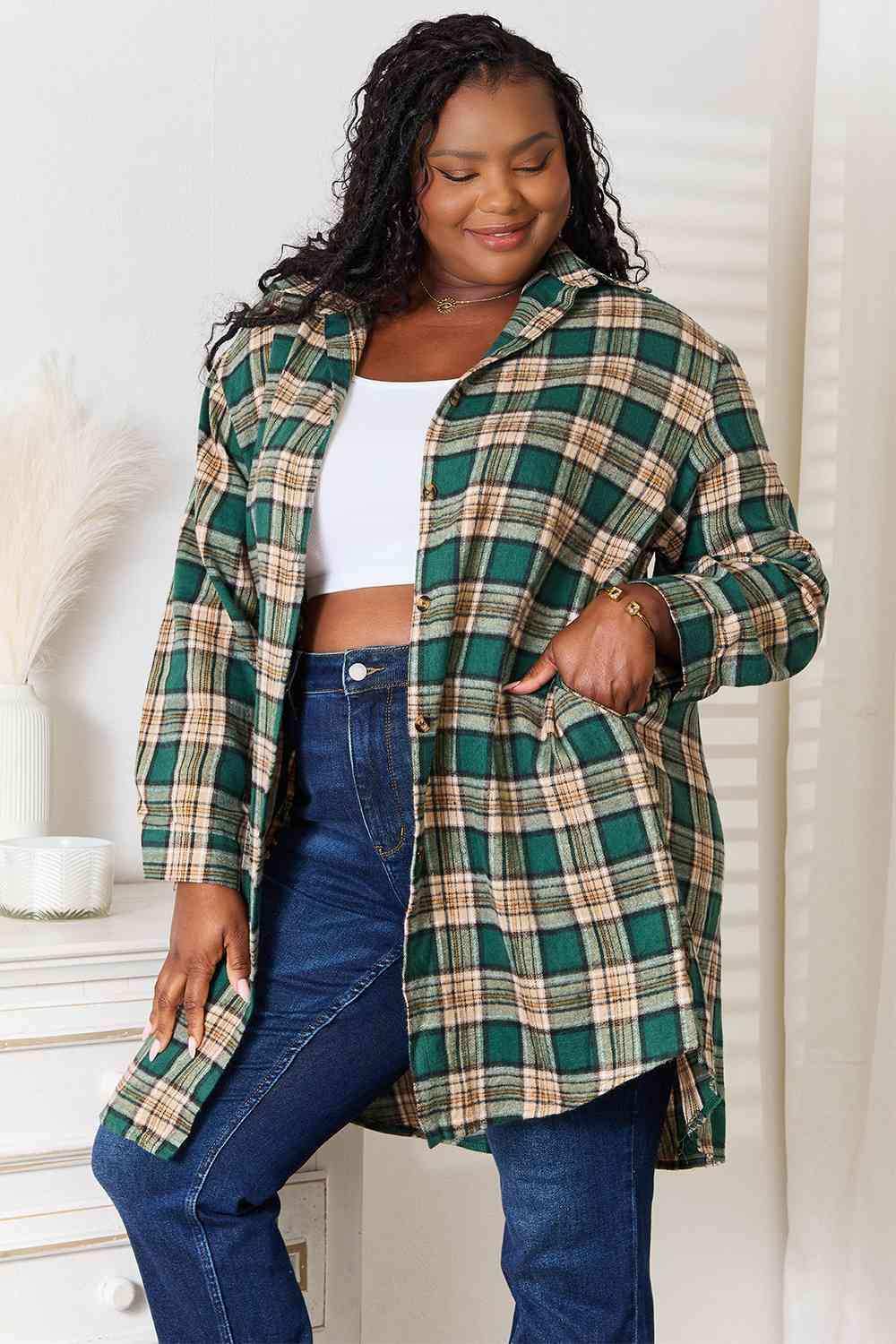Double Take Plaid Collared Neck Long Sleeve Shirt - Trendsi - Flyclothing LLC