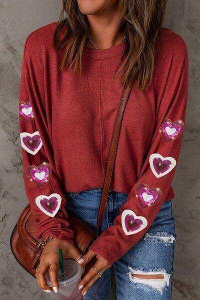 Heart Sequin Round Neck Long Sleeve T-Shirt - Trendsi - Flyclothing LLC