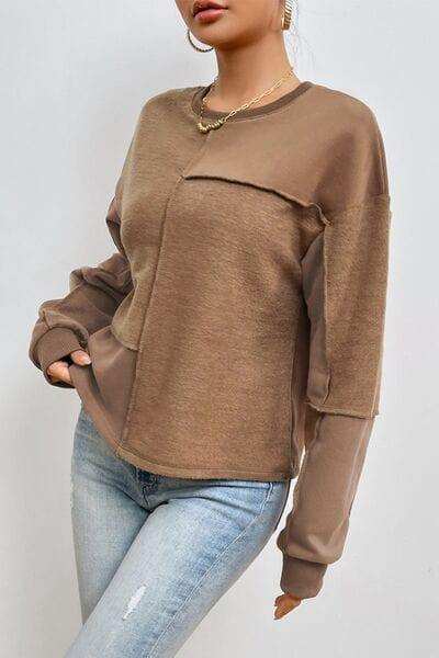 Exposed Seam Round Neck Long Sleeve Sweatshirt - Trendsi - Flyclothing LLC