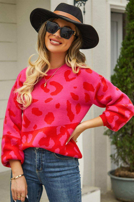 Leopard Round Neck Dropped Shoulder Sweater - Trendsi - Flyclothing LLC