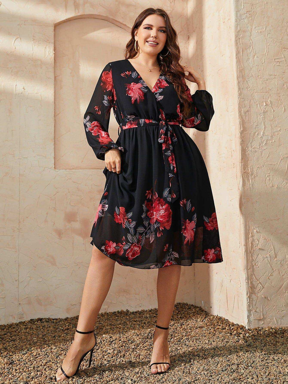 Plus Size Floral Surplice Neck Tie Waist Dress - Trendsi - Flyclothing LLC