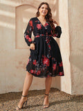 Plus Size Floral Surplice Neck Tie Waist Dress - Trendsi - Flyclothing LLC