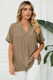 Side Slit Notched Neck Cuffed Short Sleeve Blouse - Trendsi - Flyclothing LLC