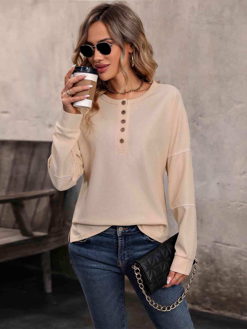 Round Neck Buttoned Slit Long Sleeve Top - Trendsi - Flyclothing LLC