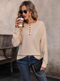 Round Neck Buttoned Slit Long Sleeve Top - Trendsi - Flyclothing LLC