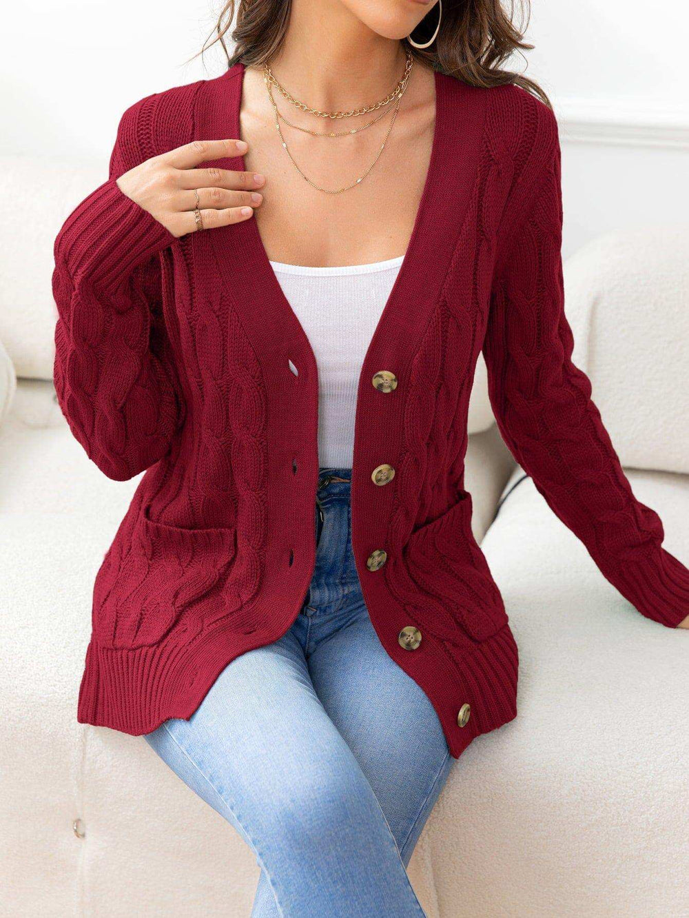 Button Down Cable-Knit Cardigan - Trendsi - Flyclothing LLC