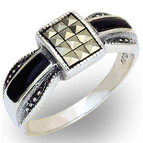 Alamode Antique Tone 925 Sterling Silver Ring with Semi-Precious Jade in Jet - Alamode - Flyclothing LLC