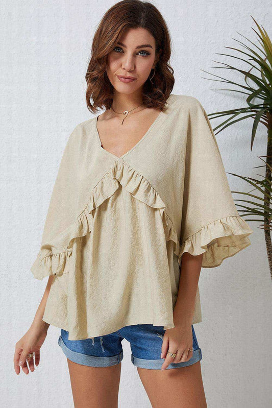 Ruffled V-Neck Half Sleeve Blouse - Trendsi - Flyclothing LLC