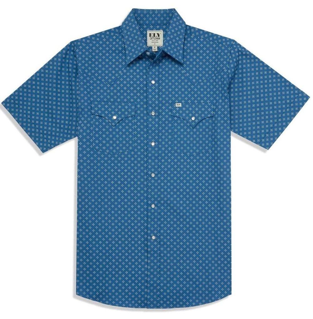 Men's Ely Cattleman Short Sleeve Mini Bandana Western Snap Shirt- Blue & Red - Ely Cattleman - Flyclothing LLC