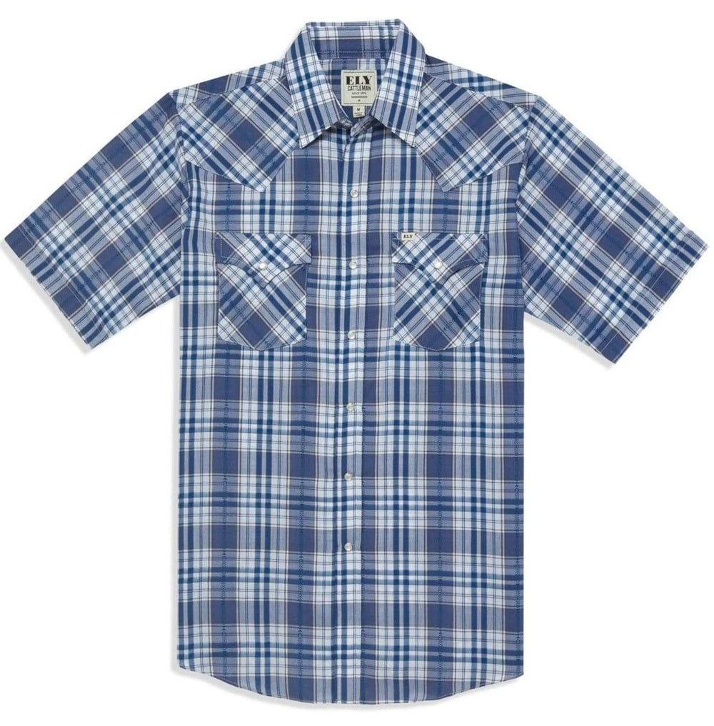 Men's Ely Cattleman Short Sleeve Aztec Plaid Western Snap Shirt- Blue & Red - Ely Cattleman - Flyclothing LLC