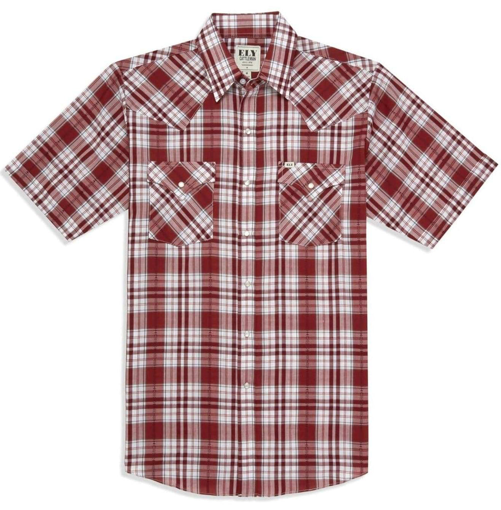 Men's Ely Cattleman Short Sleeve Aztec Plaid Western Snap Shirt- Blue & Red - Ely Cattleman - Flyclothing LLC