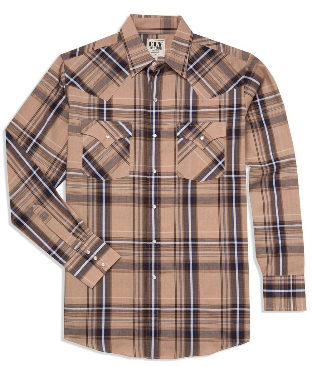 Men's Ely Cattleman Long Sleeve Textured Plaid Western Snap Shirt - Khaki & White - Ely Cattleman - Flyclothing LLC