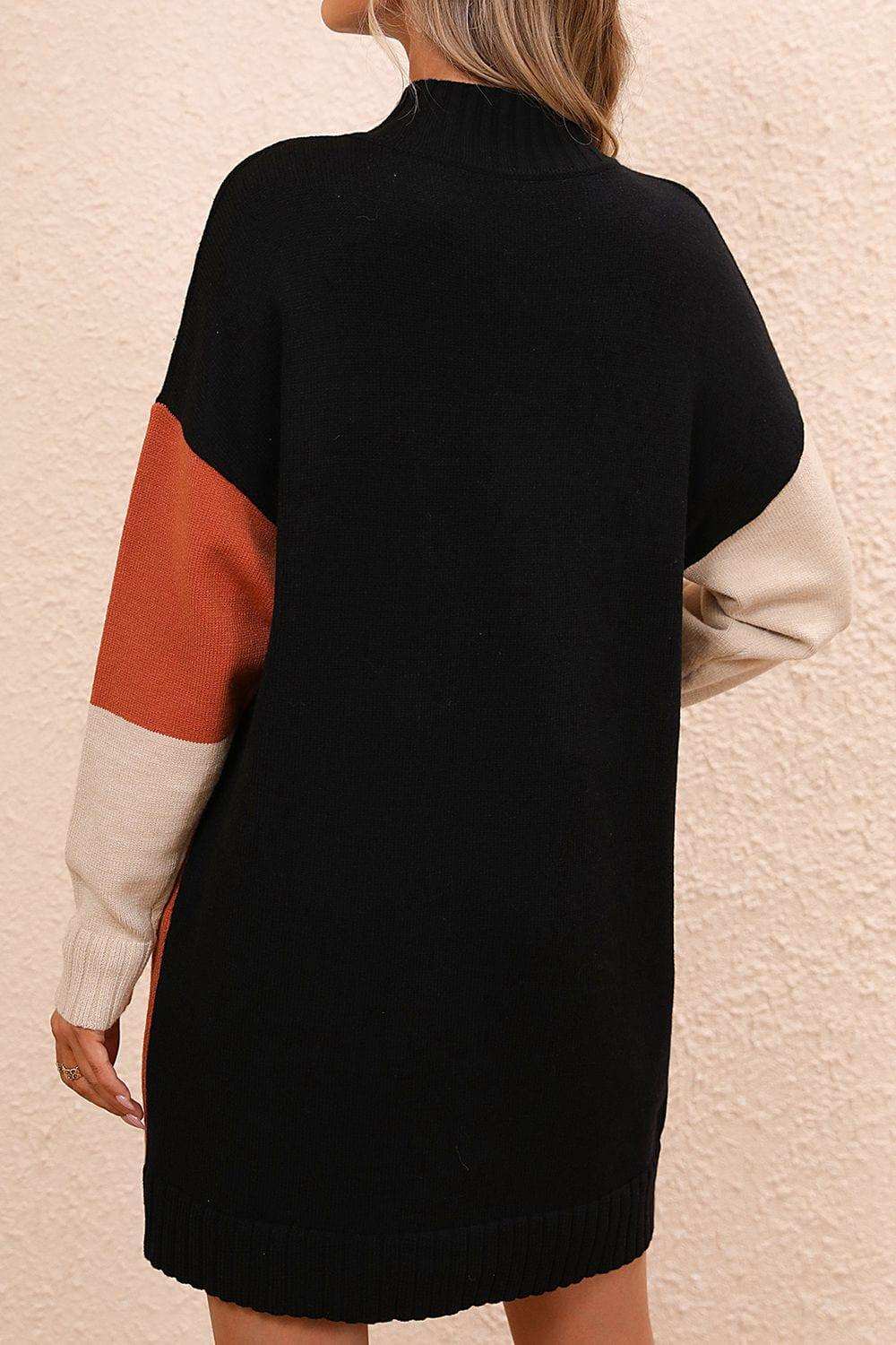 Color Block Mock Neck Dropped Shoulder Sweater Dress - Trendsi - Flyclothing LLC
