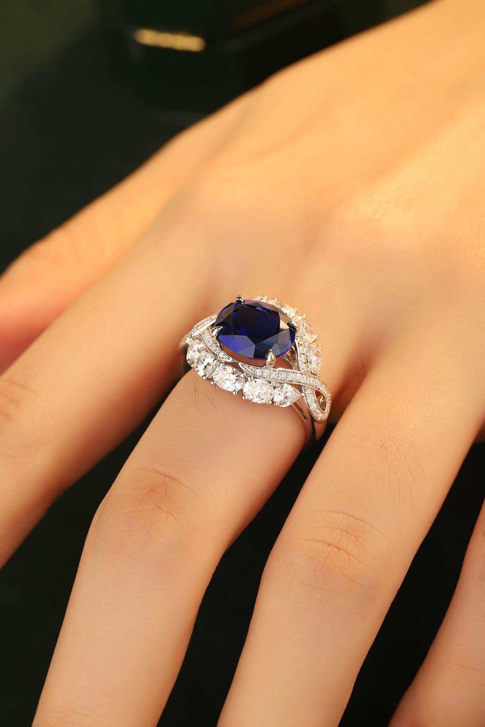 Platinum-Plated Lab-Grown Sapphire Ring - Trendsi - Flyclothing LLC