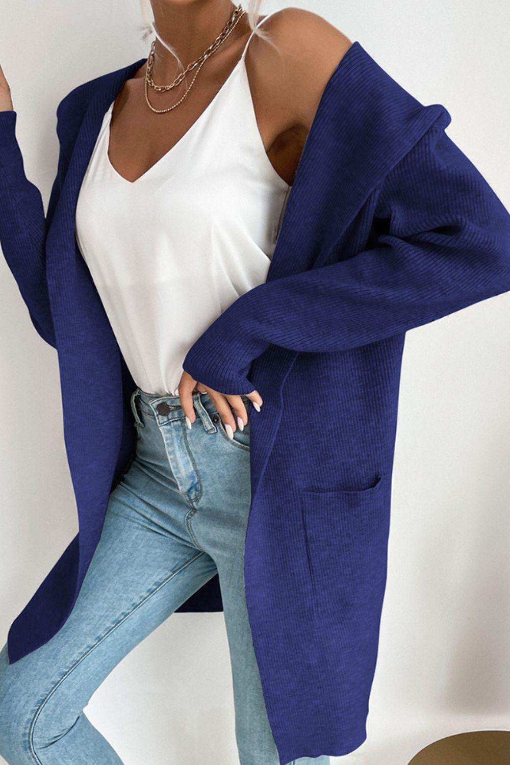 Ribbed Open Front Hooded Cardigan with Pockets - Trendsi - Flyclothing LLC