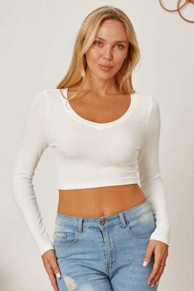 Round Neck Long Sleeve Cropped T-Shirt - Trendsi - Flyclothing LLC