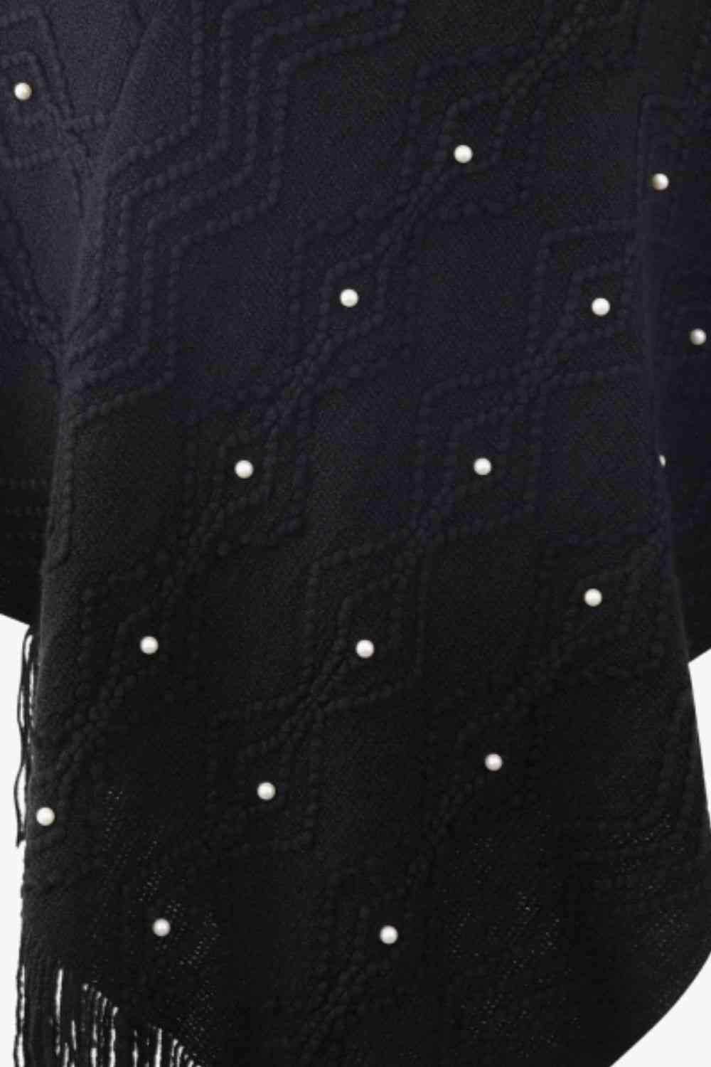 Pearl Trim V-Neck Fringe Hem Poncho - Trendsi - Flyclothing LLC