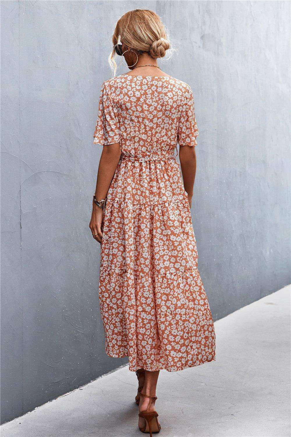 Printed V-Neck Flutter Sleeve Belted Dress - Trendsi - Flyclothing LLC