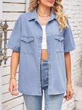 Collared Neck Short Sleeve Denim Jacket - Trendsi - Flyclothing LLC