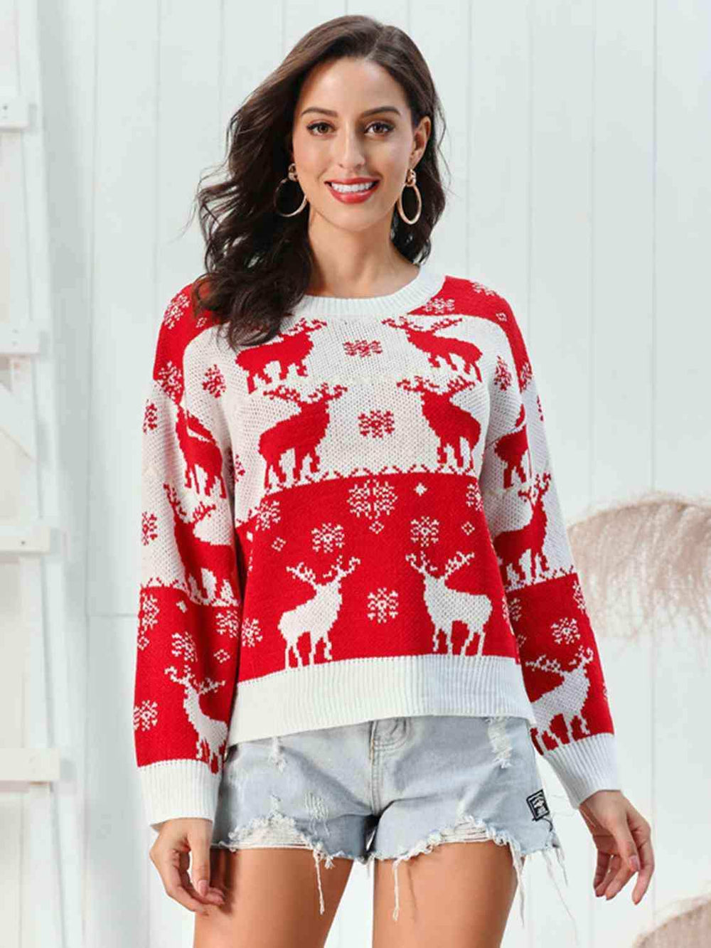 Reindeer Round Neck Sweater - Trendsi - Flyclothing LLC