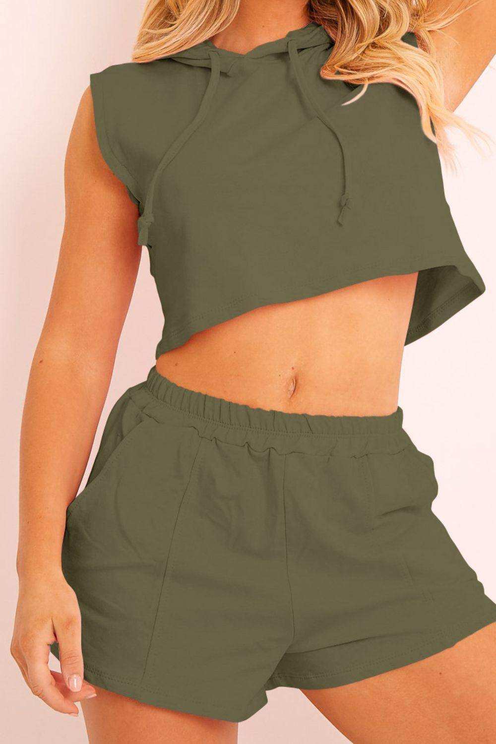 Hooded Crop Top & Pocketed Shorts Set - Trendsi - Flyclothing LLC