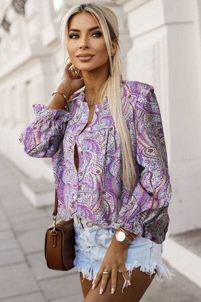 Printed Frill Flounce Sleeve Shirt - Trendsi - Flyclothing LLC