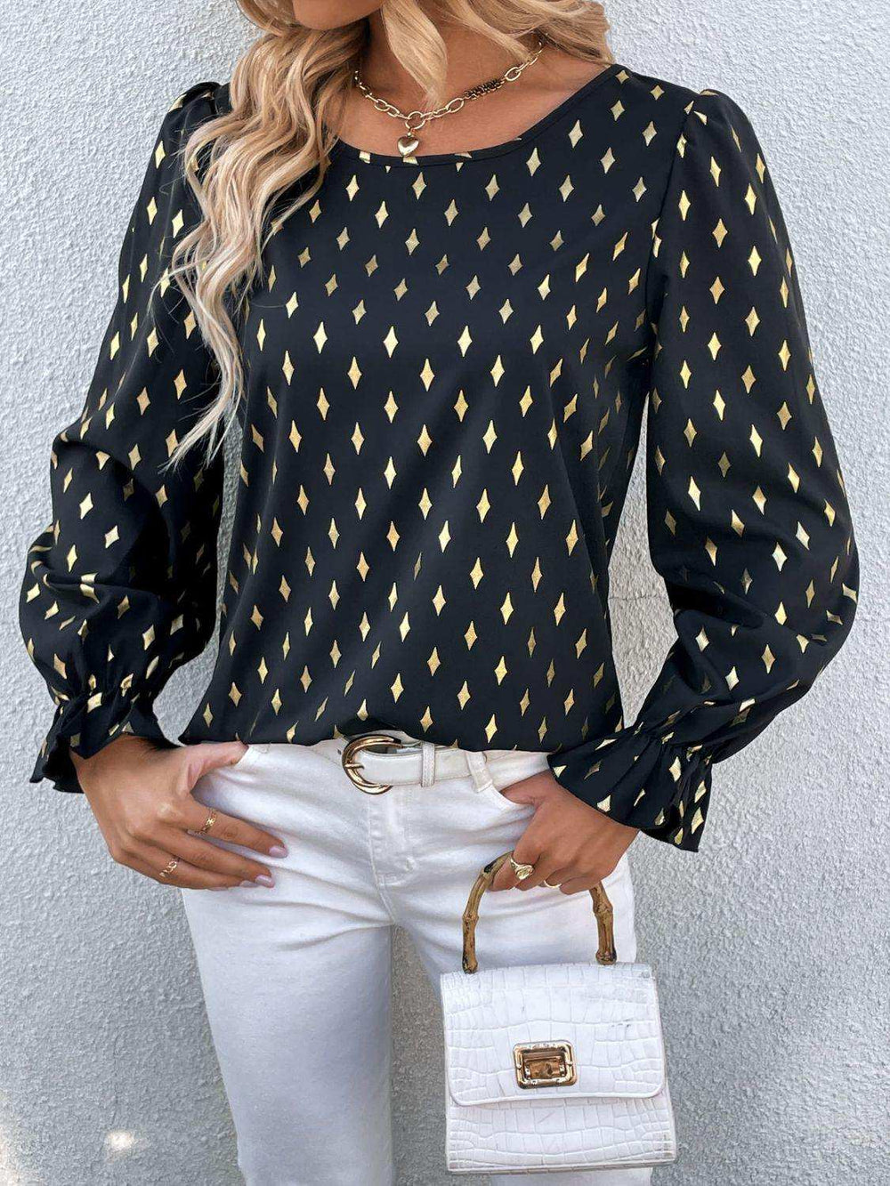 Printed Round Neck Flounce Sleeve Blouse - Trendsi - Flyclothing LLC