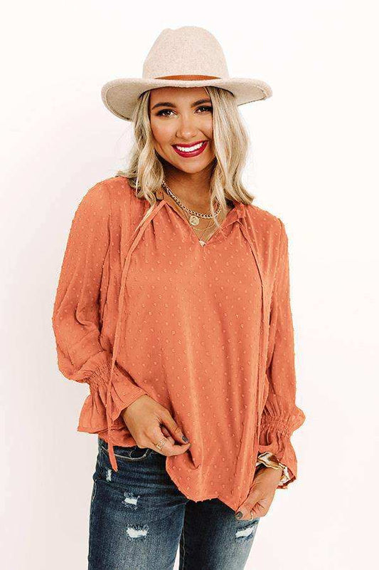 Swiss Dot Tie Neck Flounce Sleeve Blouse - Trendsi - Flyclothing LLC