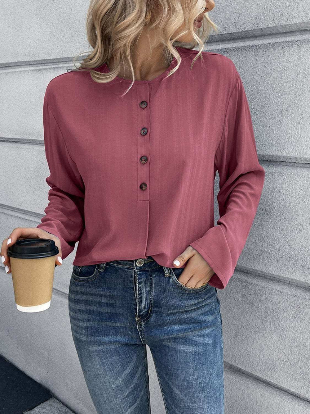 Half Button Long Sleeve Blouse - Trendsi - Flyclothing LLC