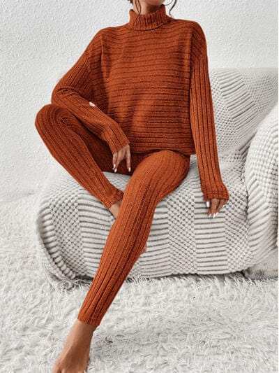 Ribbed Turtleneck Top and Pants Set - Trendsi - Flyclothing LLC