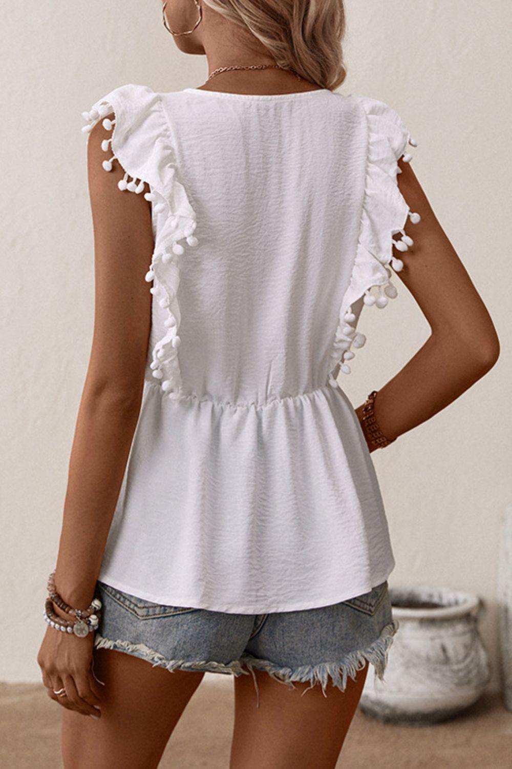 Embroidered Pom-Pom Trim Cap Sleeve Babydoll Top - Trendsi - Flyclothing LLC