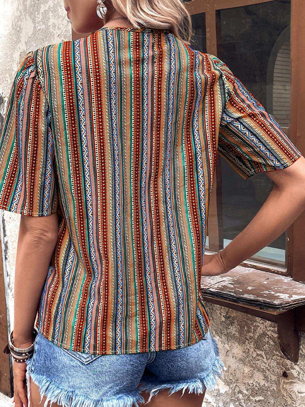 Printed V-Neck Button-Up Short Sleeve Top - Trendsi - Flyclothing LLC