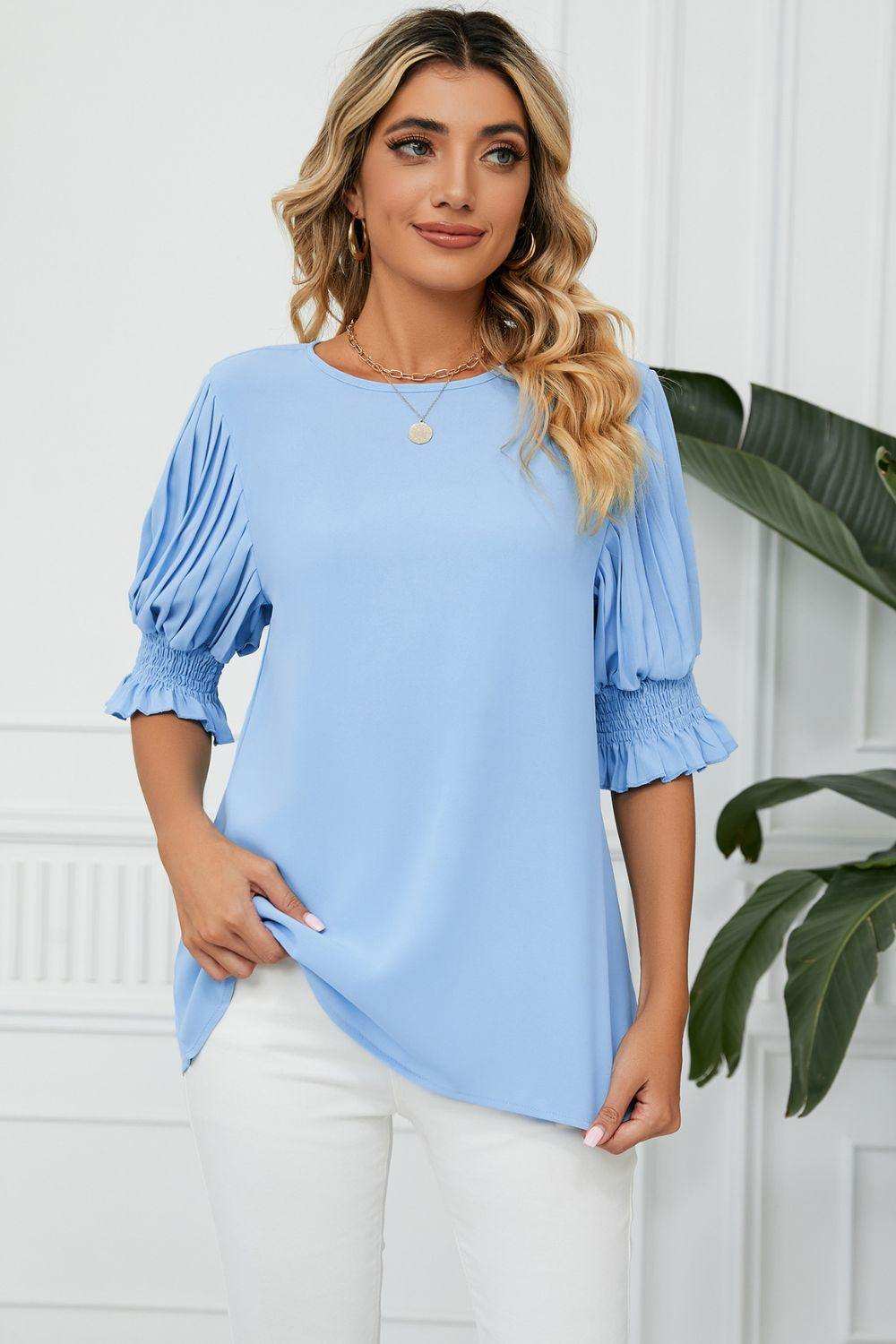 Pleated Flounce Sleeve Keyhole Blouse - Trendsi - Flyclothing LLC