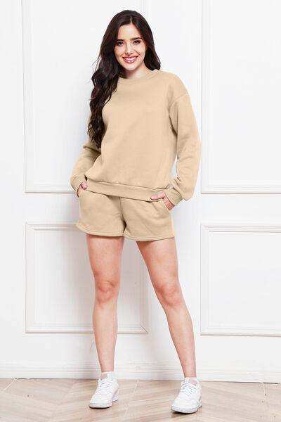 Round Neck Long Sleeve Sweatshirt and Drawstring Shorts Set - Trendsi - Flyclothing LLC