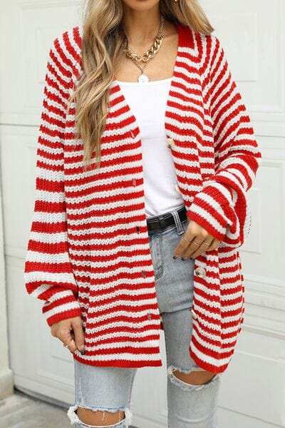 Striped Button Up Long Sleeve Cardigan - Trendsi - Flyclothing LLC