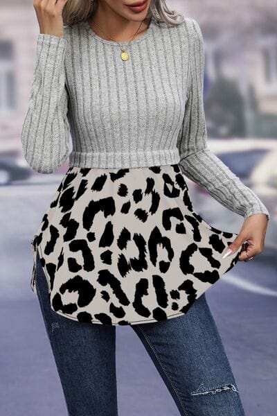 Leopard Peplum Round Neck Blouse - Trendsi - Flyclothing LLC