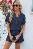 Notched Button Detail Dropped Shoulder Top and Shorts Set - Trendsi - Flyclothing LLC