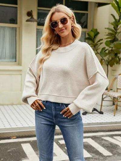 Round Neck Lantern Sleeve Sweater - Trendsi - Flyclothing LLC