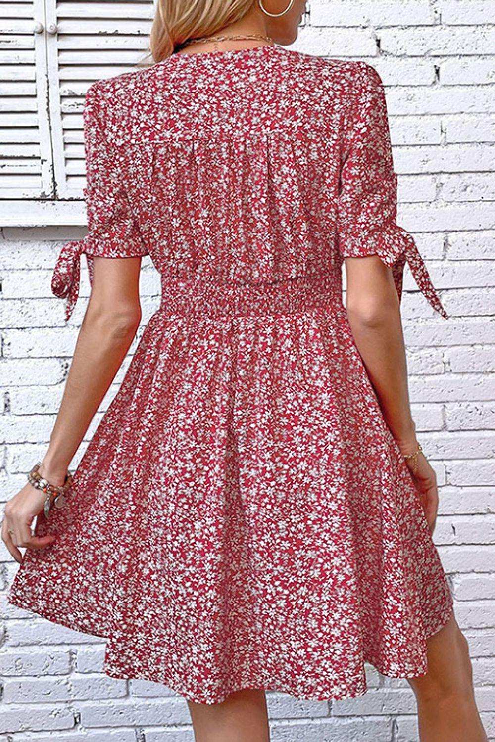 Ditsy Floral Tied Puff Sleeve Button Front Dress - Trendsi - Flyclothing LLC