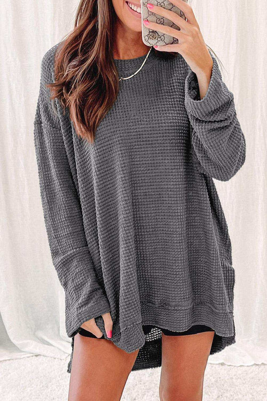 Waffle-Knit Round Neck Long Sleeve Sweatshirt - Trendsi - Flyclothing LLC