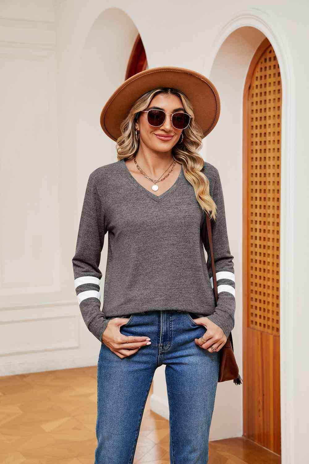 V-Neck Long Sleeve T-Shirt - Trendsi - Flyclothing LLC