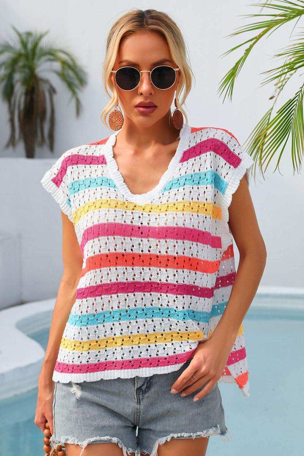 Striped V-Neck Slit Cover Up - Trendsi - Flyclothing LLC
