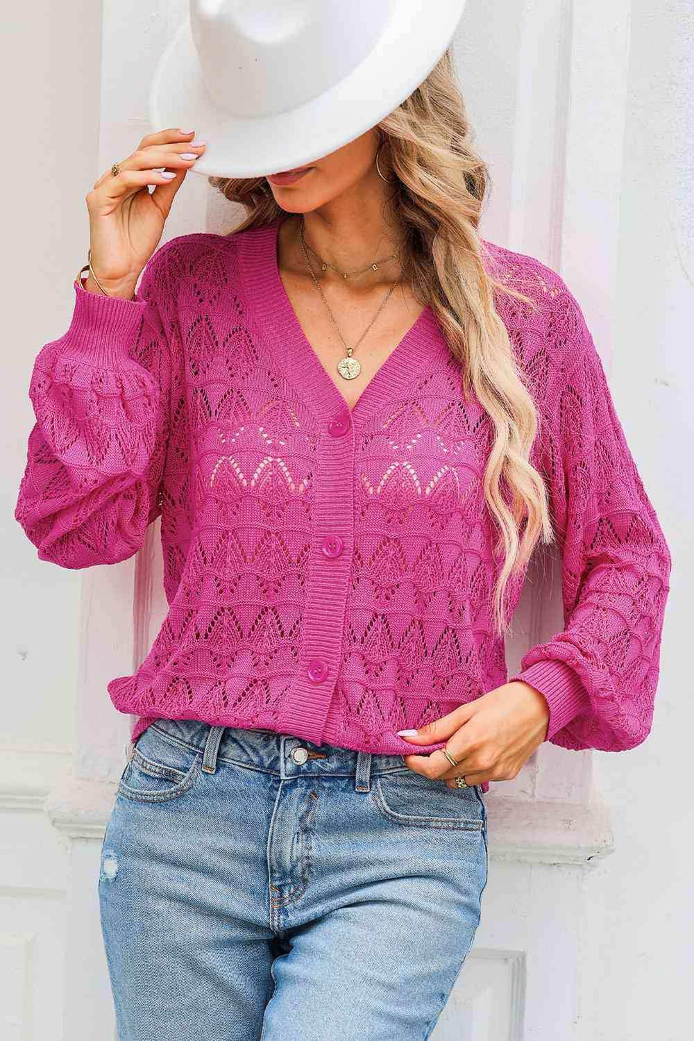Openwork V-Neck Cardigan - Trendsi - Flyclothing LLC