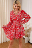 Printed Surplice Balloon Sleeve Layered Dress - Trendsi - Flyclothing LLC