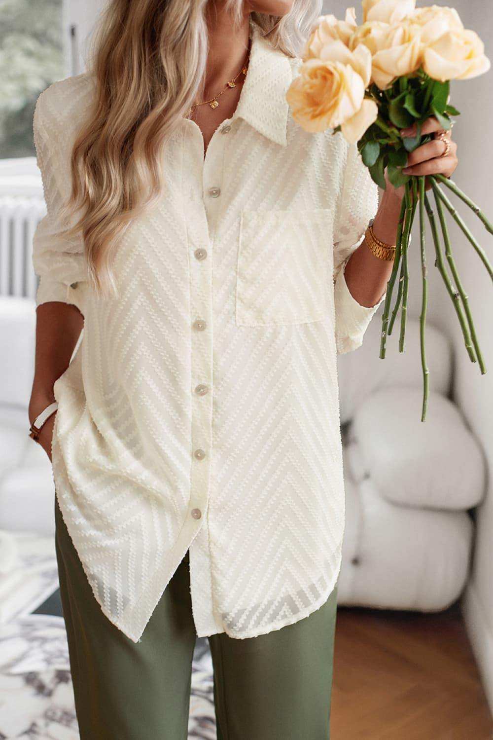 Collared Neck Long Sleeve Pocketed Shirt - Trendsi - Flyclothing LLC